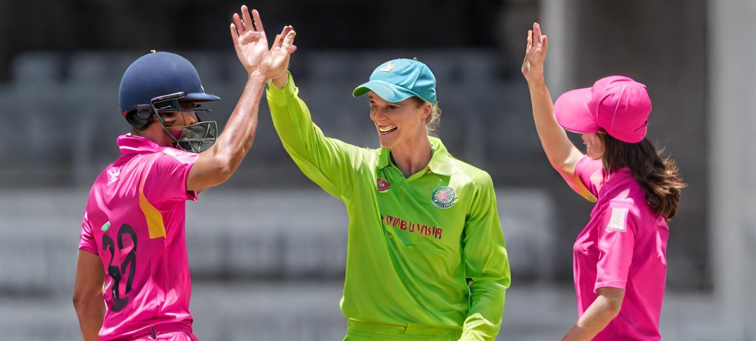 male cricket player high fiving female cricket player